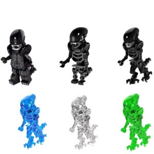 Alien Xenomorph custom minifigure set – black, blue, green and transparent sci-fi block toy figures