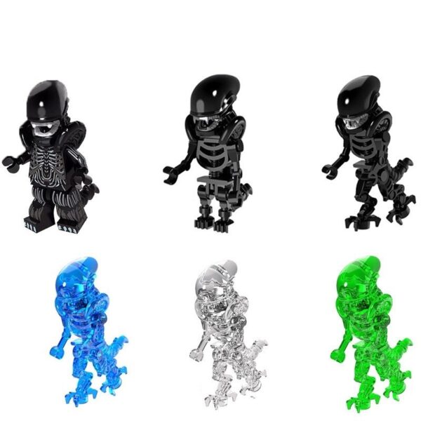 Alien Xenomorph custom minifigure set – black, blue, green and transparent sci-fi block toy figures