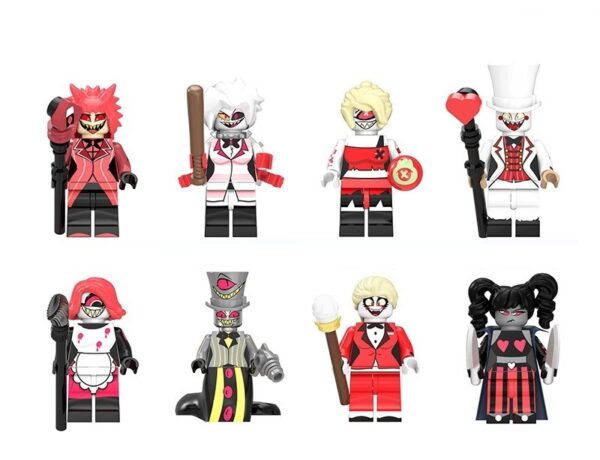 Hazbin Hotel custom minifigure set – Alastor, Angel Dust, Cherri Bomb, Lucifer Morningstar, Niffty, Sir Pentious, Charlie Morningstar, Velvette