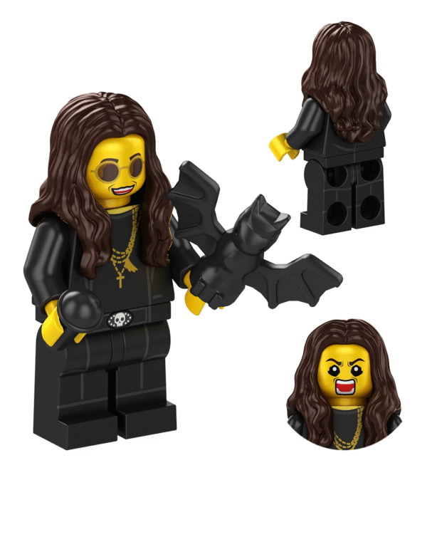 Ozzy Osbourne custom minifigure – rock legend block toy with microphone, bat and long hair design