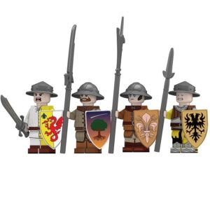 Medieval Militia minifigure set Eagle, High, Ninika and Old Fraz soldiers with weapons and shields